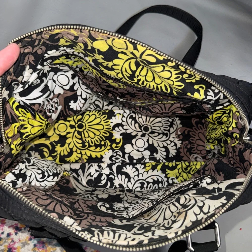 Vera Bradley Black Quilted Microfiber Satchel Floral Lining Handbag Silver Logo